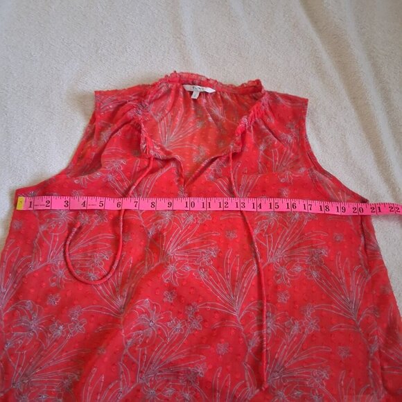 Alfred Sung Women's Size L Poppy Red Floral Ruffle Peasant Sheer Sleeveless Top - Picture 8 of 9